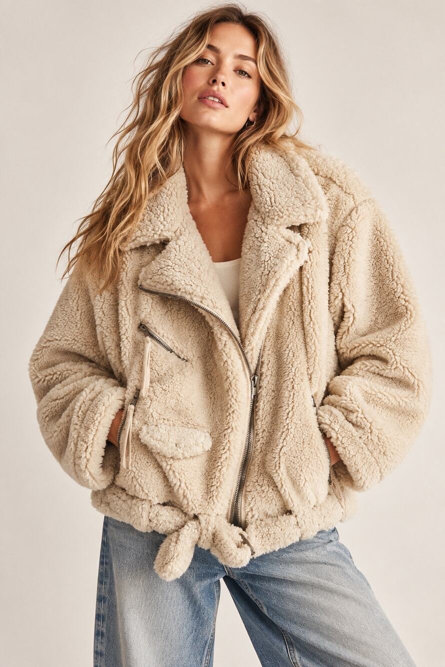 Free People So Cozy Slouchy Moto Faux Fur Jacket in Marzipanrn177927